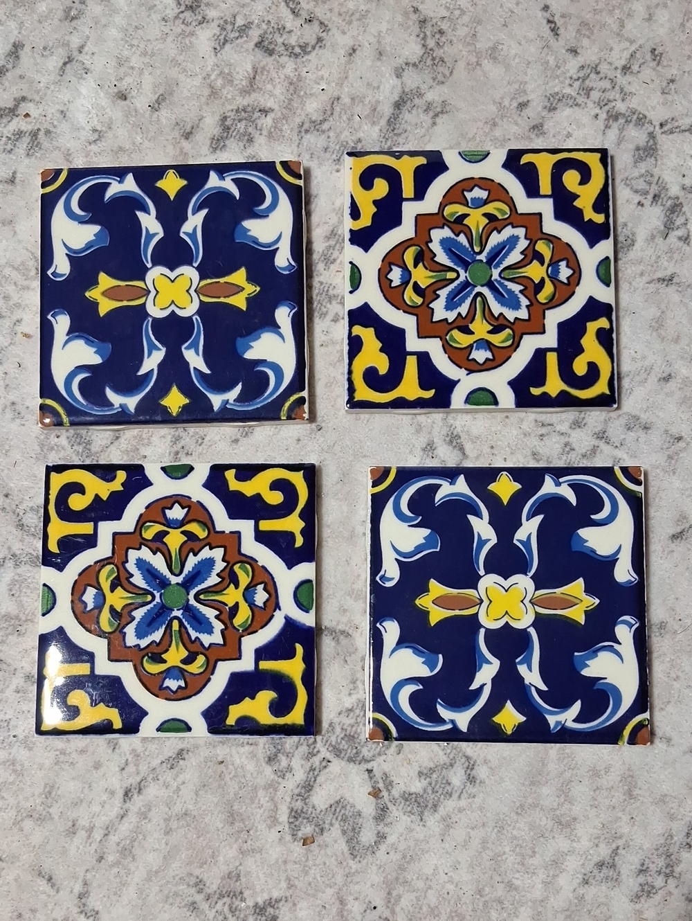 Vintage Hand-Painted Blue and Yellow Ceramic Accent Tiles - Set of 4